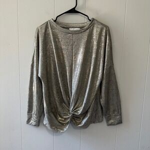 Fourteenth Place Gold Metallic Twist Front Top Long Sleeve Blouse Womens L